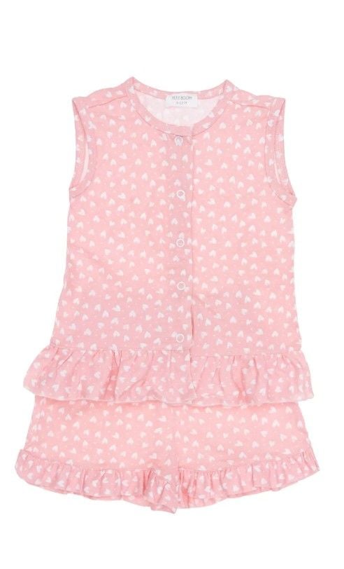 Kız Bebek Pamuklu Alt - Üst Şortlu Set Kalp Desenli Pembe